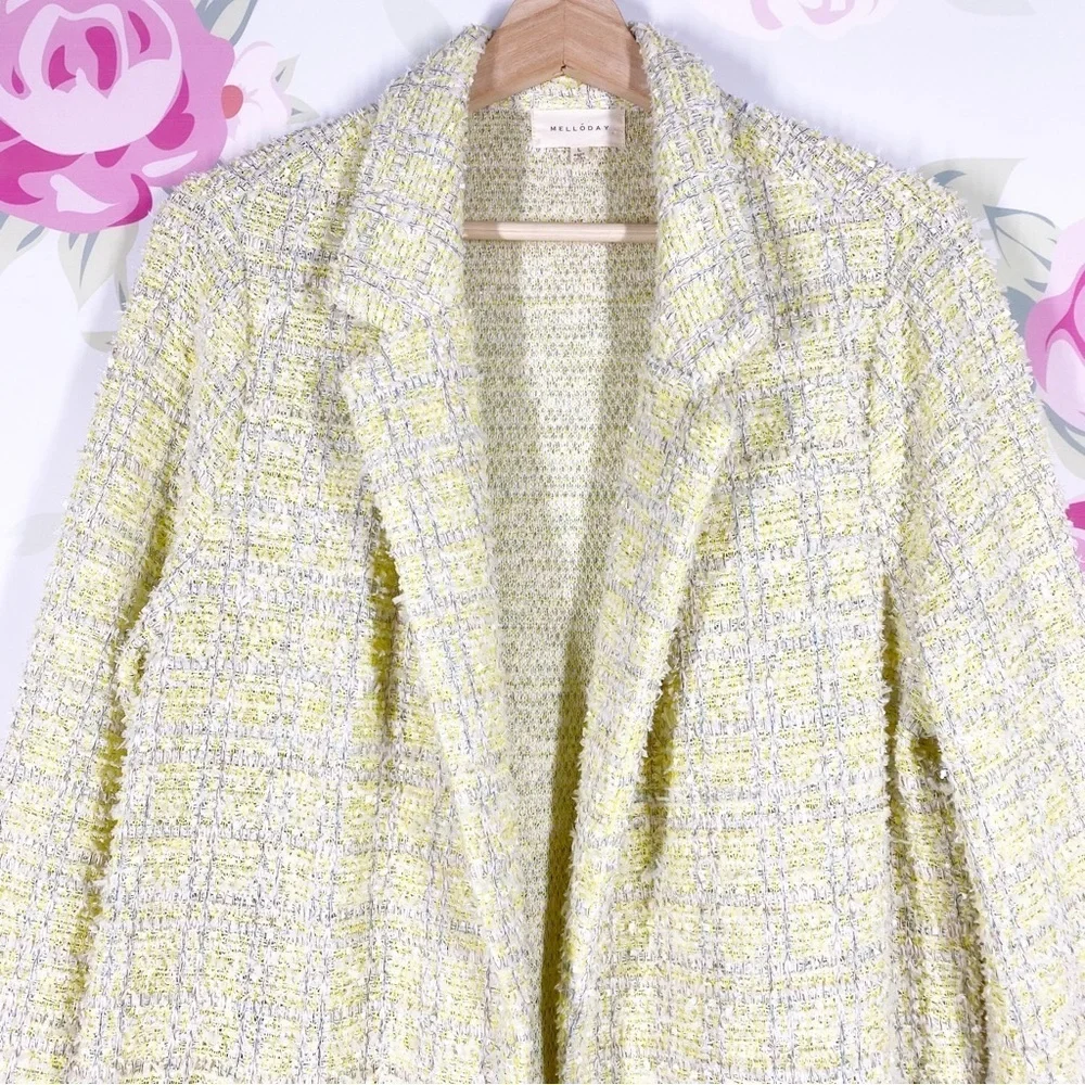 Melloday Yellow Silver Metallic Textured Open Front Longline Duster Jacket L